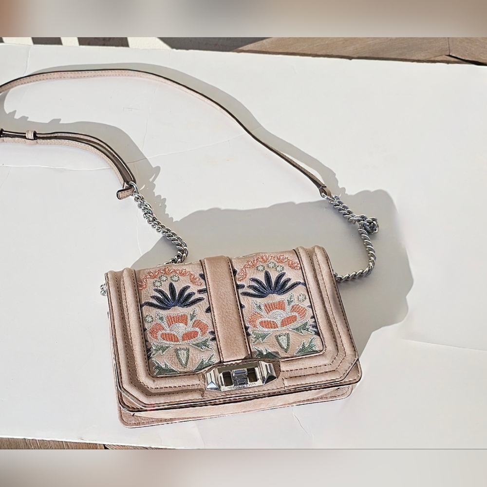 Rebecca Minkoff Crossbody Bag Love Embroidered Leather Tan Pastels EUC